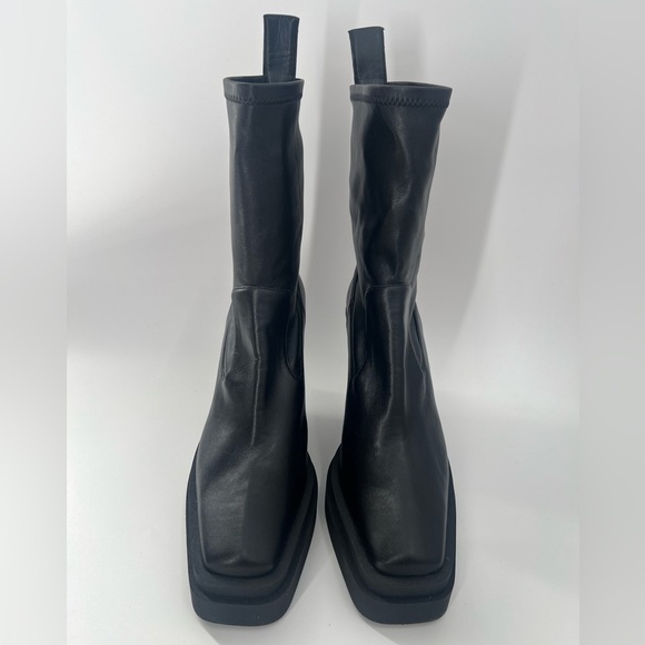 Gia Borghini Texan Black Leather Chunky Platform Sock Square Toe Boots - Picture 4 of 13